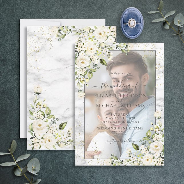 Light Gray White Floral Gold Marble Photo Wedding Invitation (Creator Uploaded)