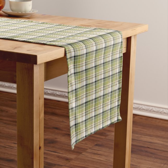Light Green and Navy Blue Rustic Plaid Short Table Runner (In Situ)