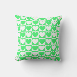 Light Green and White Chequered Pattern With Heart Throw Pillow