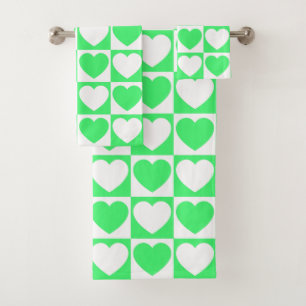 Light Green and White Chequered With Hearts Bath Towel Set