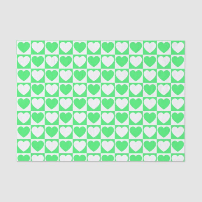 Light Green and White Chequered With Hearts Tissue Paper (Front)