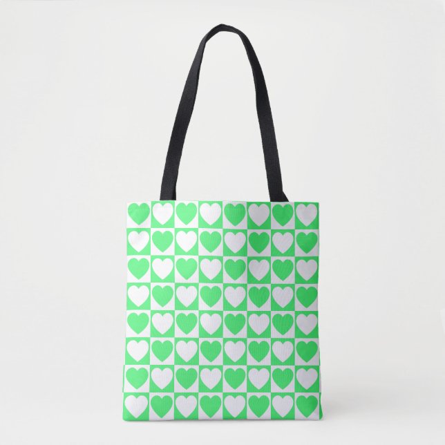 Light Green and White Chequered With Hearts Tote Bag (Front)