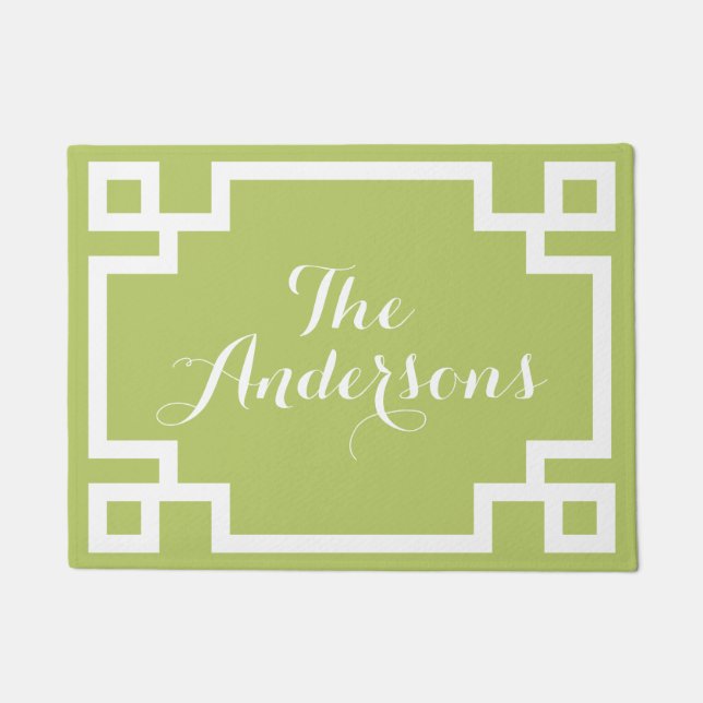 Light Green and White Greek Key Monogram Doormat (Front)