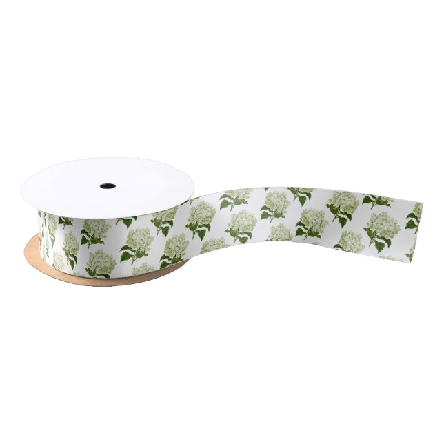 Light Green and White Hydrangea Flower Pattern Satin Ribbon (Spool)