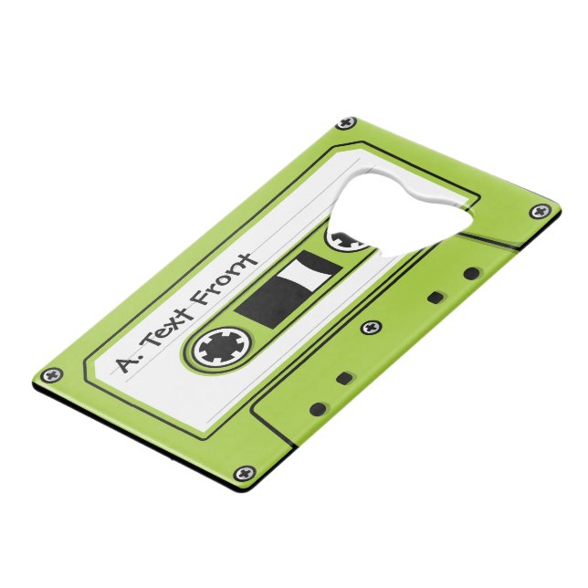 Light Green Audio Cassette Tape Credit Card Bottle Opener (Front Angled)
