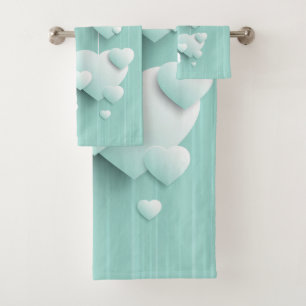 Light green background with 3D white hearts Bath Towel Set