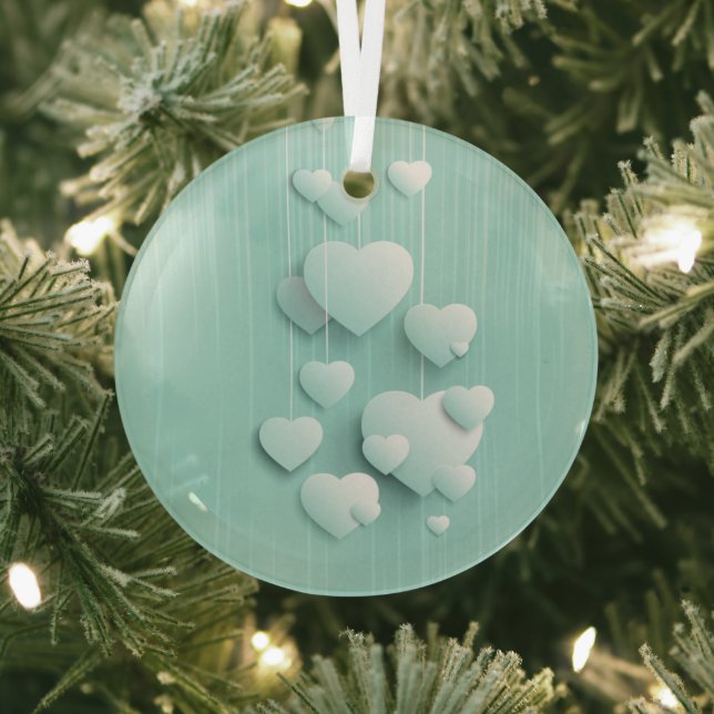 Light green background with 3D white hearts  Glass Ornament (Insitu)