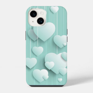 Light green background with 3D white hearts iPhone 14 Case