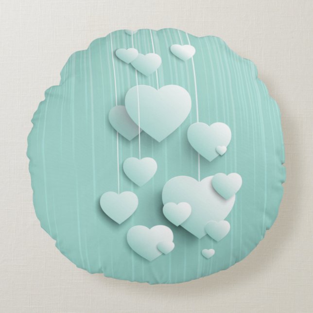 Light green background with 3D white hearts   Round Pillow (Front)