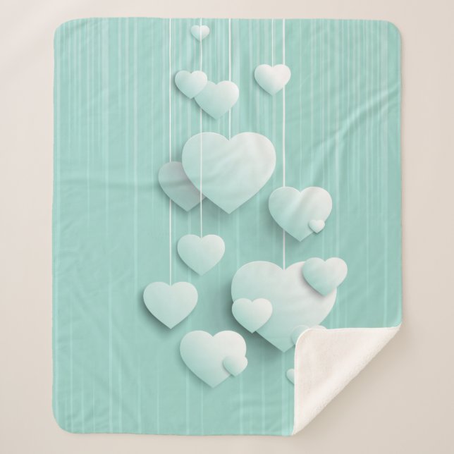 Light green background with 3D white hearts    Sherpa Blanket (Front)