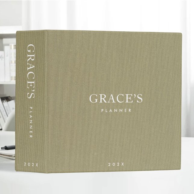 Light Green Beige Linen Fabric Personalize Planner Binder (Creator Uploaded)