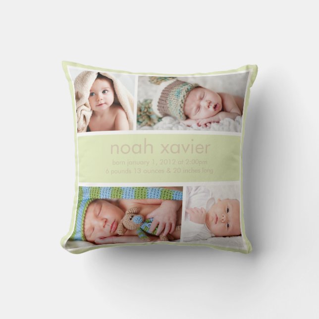 Light Green Birth Announcement Throw Pillow (Front)