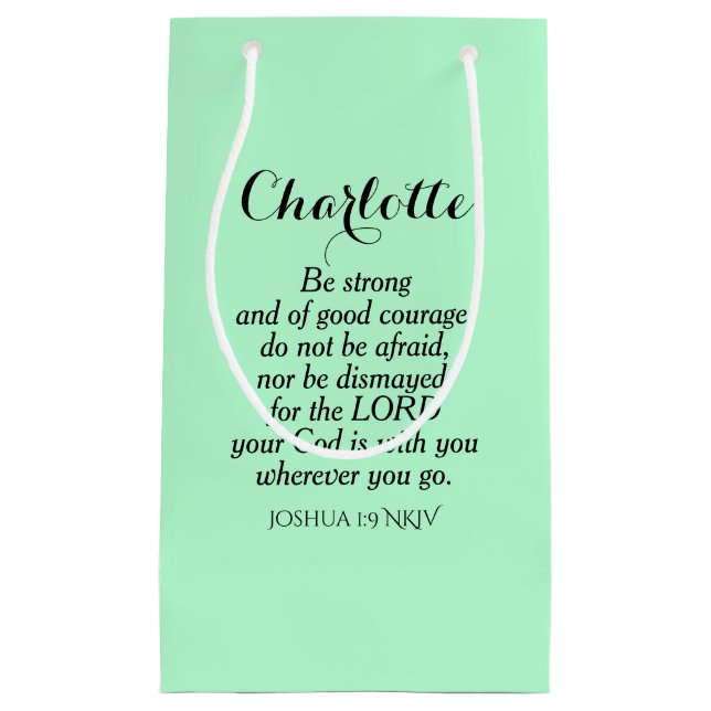 Light Green Courage Bible Verse Custom Name Simple Small Gift Bag (Front)
