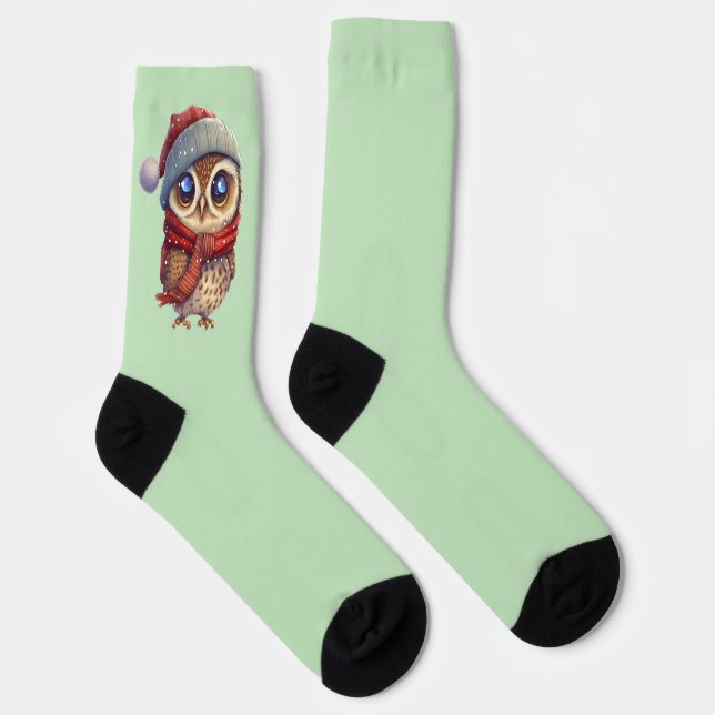 Light Green Cute Owl with Red Christmas Hat socks (Right)