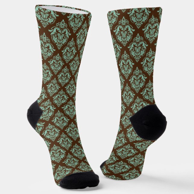 Light green Damasks Pattern on Brown Background Socks (Angled)