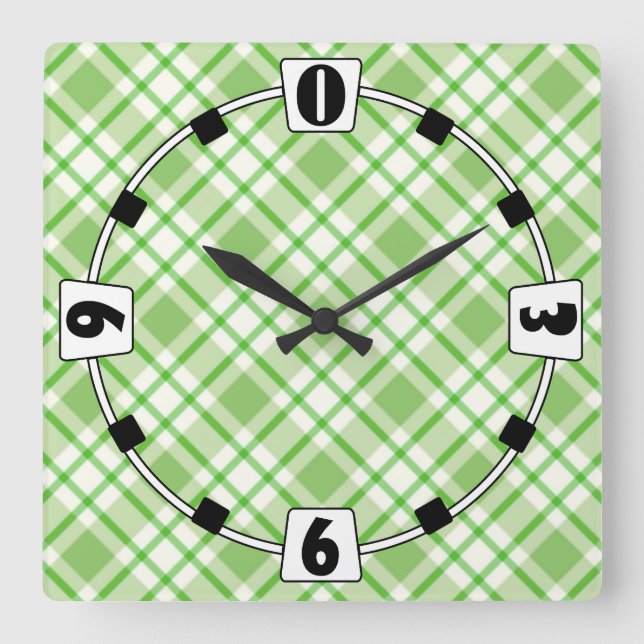 Light green diagonal check pattern square wall clock (Front)