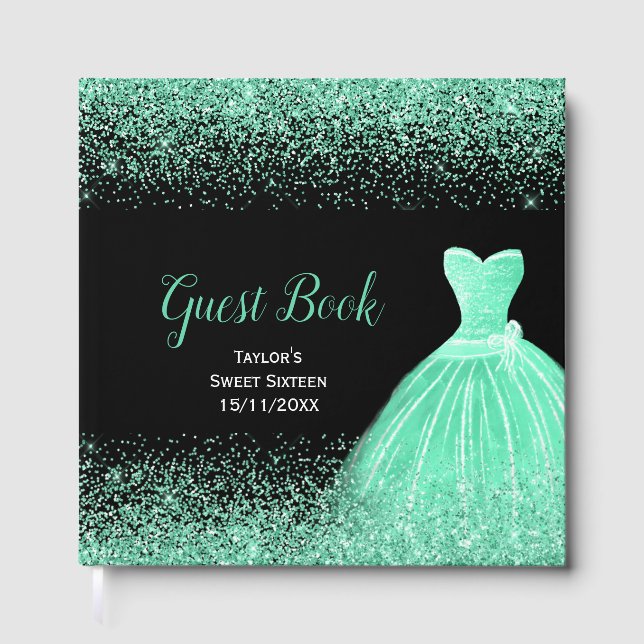 Light Green Dress Faux Glitter Sweet 16 Birthday Guest Book (Front)