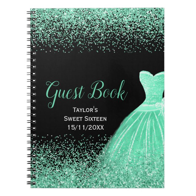Light Green Dress Faux Glitter Sweet 16 Birthday Notebook (Front)