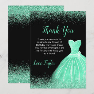 Light Green Dress Faux Glitter Sweet 16 Birthday Thank You Card