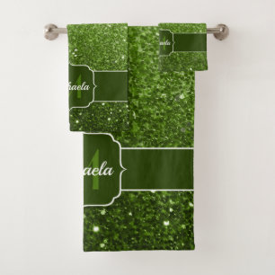 Light green faux glitter sparkles Monogram Bath Towel Set