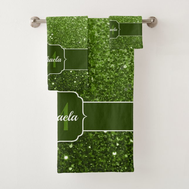 Light green faux glitter sparkles Monogram Bath Towel Set (Insitu)