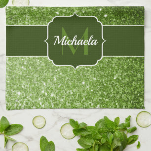 Light green faux glitter sparkles Monogram Kitchen Towel