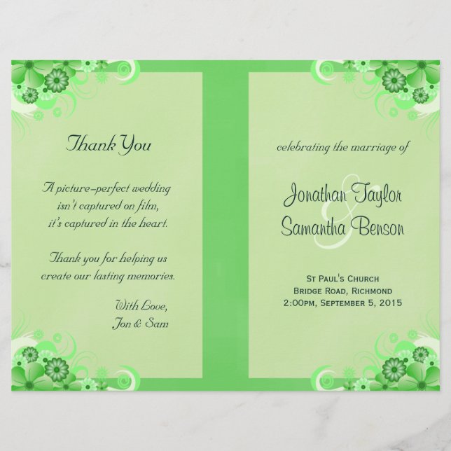 Light Green Floral Folded Wedding Program (Front)