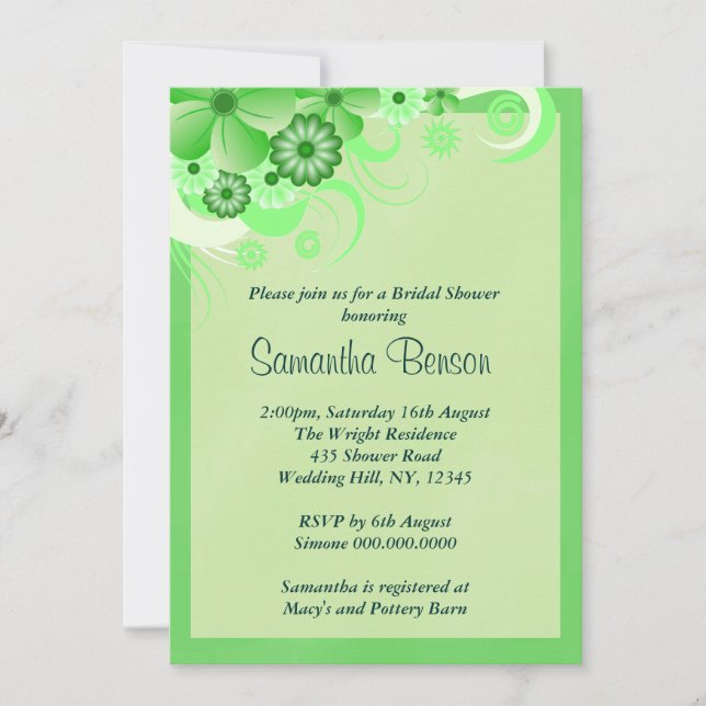 Light Green Floral Wedding Bridal Shower Invites (Front)