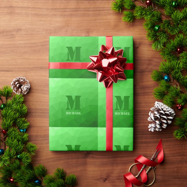 Light green geometric mesh pattern Monogram Wrapping Paper (Holiday Gift)
