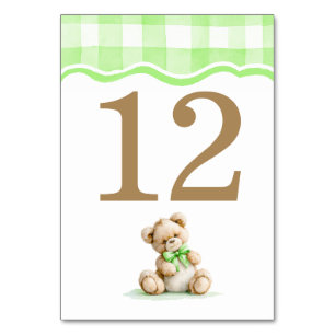 Light Green Gingham And Teddy Bear Baby Shower Table Number