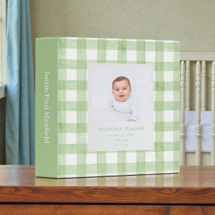 Light Green Gingham Watercolor Custom Baby Photos Binder