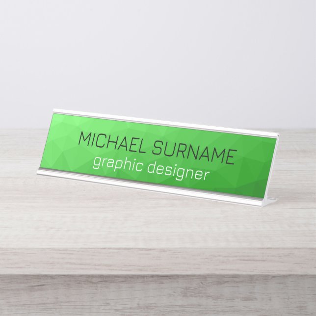 Light green gradient geometric mesh bright pattern desk name plate (Front)
