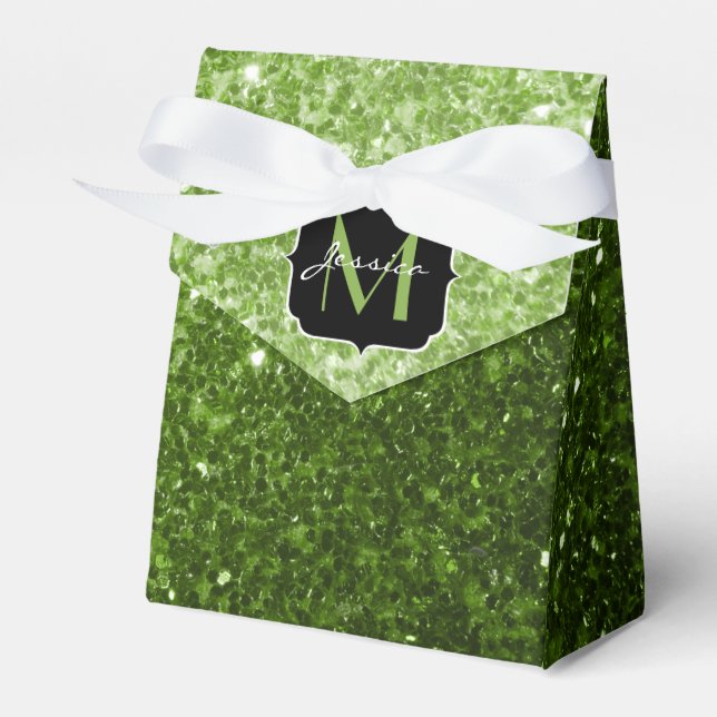 Light green greenery glitter sparkles Monogram Favor Box (Front Side)