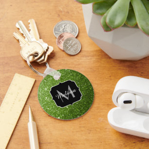Light green greenery glitter sparkles Monogram Keychain