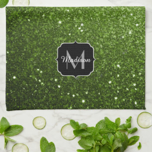 Light green greenery glitter sparkles Monogram Kitchen Towel