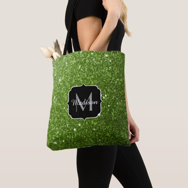 Light green greenery glitter sparkles Monogram Tote Bag (Close Up)