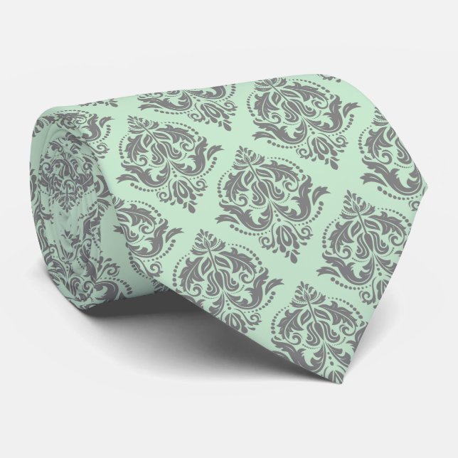 Light Green & Grey Vintage Floral Damasks Tie (Rolled)