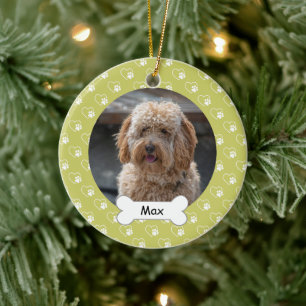 Light Green Hearts Paws Custom Pet Puppy Dog Photo Ceramic Ornament