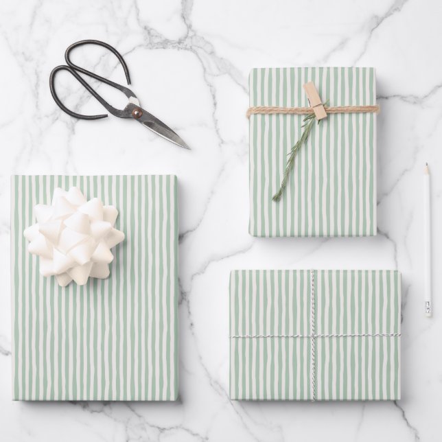 Light Green & Ivory Wonky Stripes Wrapping Paper Sheet (Front)