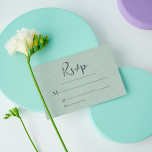 Light Green Linen Simple Black Script RSVP Card