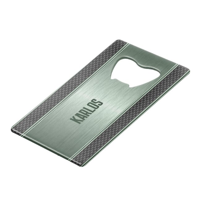 Light-green metallic geometric design credit card bottle opener (Back Angled)