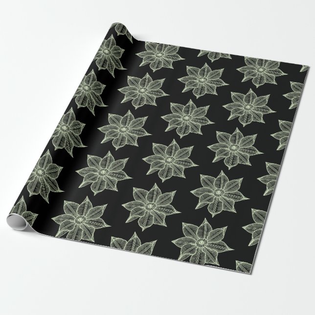 Light Green on Black Sketchy Flowers Wrapping Paper (Unrolled)