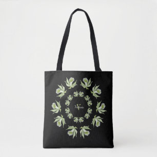 Light Green Orchids on Black Shoulder Tote Bag