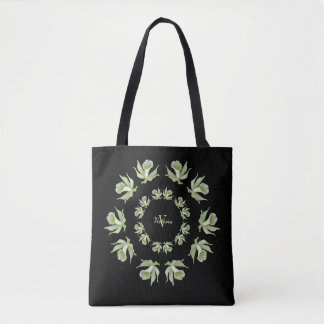 Light Green Orchids on Black Shoulder Tote Bag