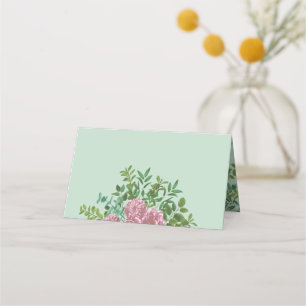 Light Green & Pale Pink Peony Rose Floral Wedding Place Card