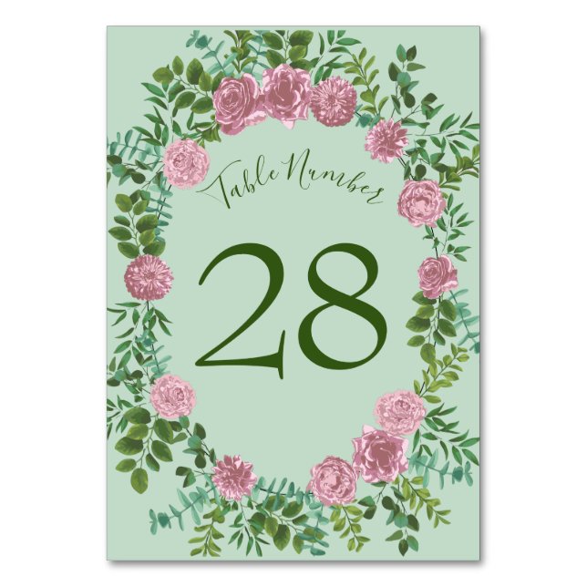Light Green & Pale Pink Peony Rose Floral Wedding Table Number (Back)