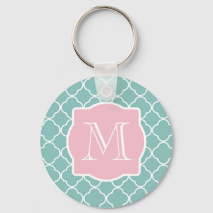 Light Green Quatrefoil Pink Monogram Keychain