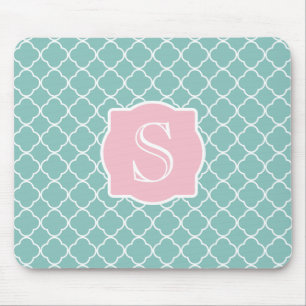 Light Green Quatrefoil Pink Monogram Mouse Pad