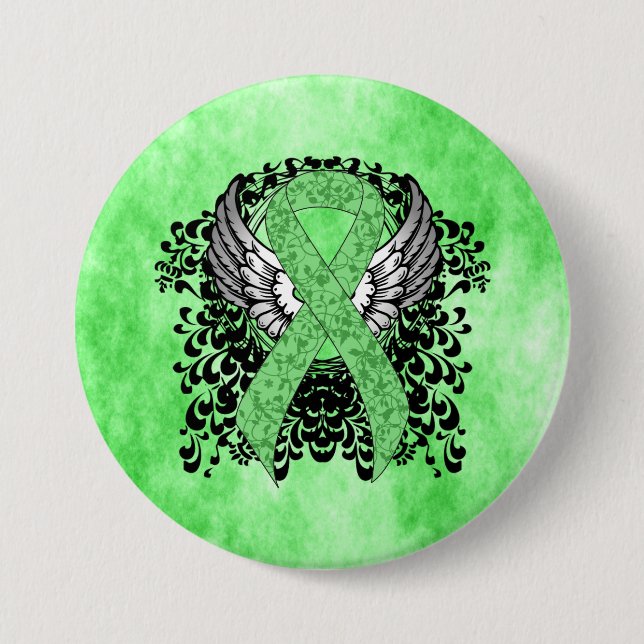 Light Green Ribbon with Wings 3 Inch Round Button (Front)