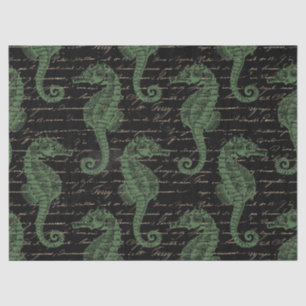 Light Green Seahorses on Black Decoupage Tissue Paper